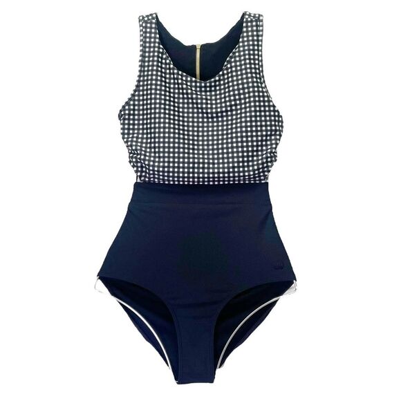 Albion Black Check Castaway One Piece Swimsuit Size Small Black Gingham Zip Back - Picture 2 of 16